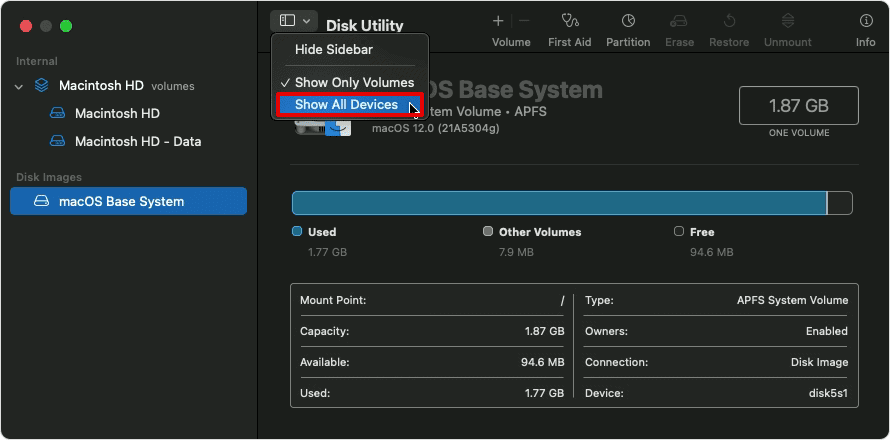 Click on View to show all devices or disks available on your system.